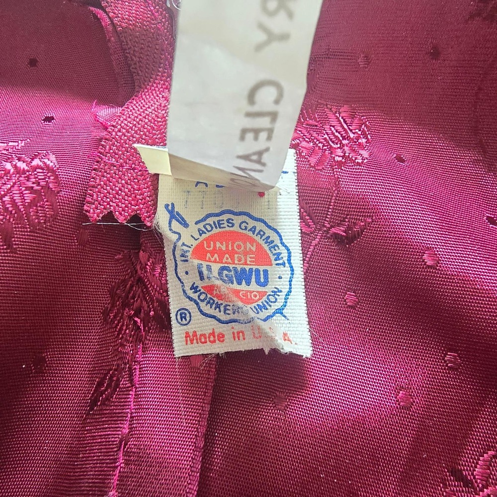 Vintage 80s Burgundy Floral Satin Jacquard Gown ILGWU Union Made Prom Dress 7-8 - Picture 15 of 16